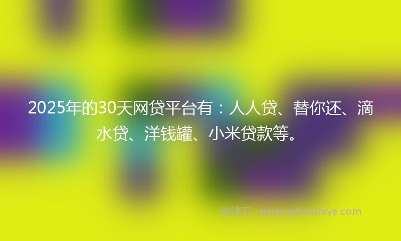 2025年的30天网贷平台有：人人贷、替你还、滴水贷、洋钱罐、小米贷款等。