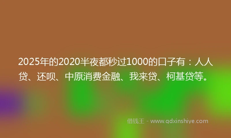 2025年的2020半夜都秒过1000的口子有：人人贷、还呗、中原消费金融、我来贷、柯基贷等。