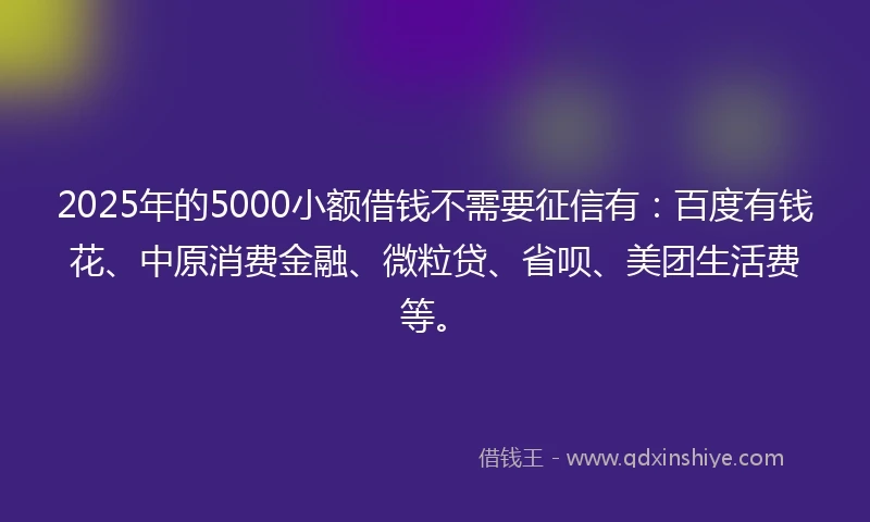 2025年的5000小额借钱不需要征信有：百度有钱花、中原消费金融、微粒贷、省呗、美团生活费等。