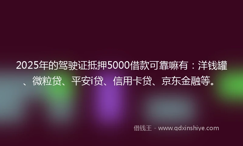 2025年的驾驶证抵押5000借款可靠嘛有：洋钱罐、微粒贷、平安i贷、信用卡贷、京东金融等。