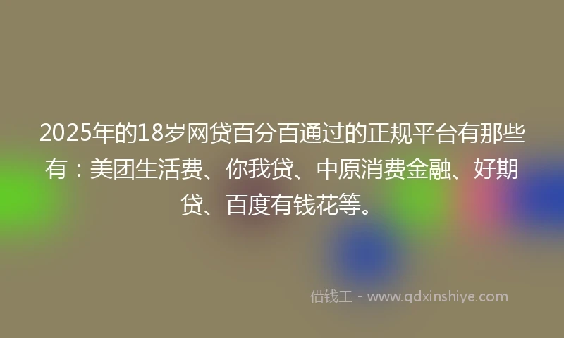 2025年的18岁网贷百分百通过的正规平台有那些有：美团生活费、你我贷、中原消费金融、好期贷、百度有钱花等。