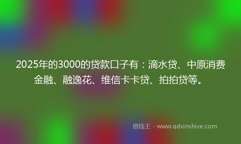 2025年的3000的贷款口子有：滴水贷、中原消费金融、融逸花、维信卡卡贷、拍拍贷等。