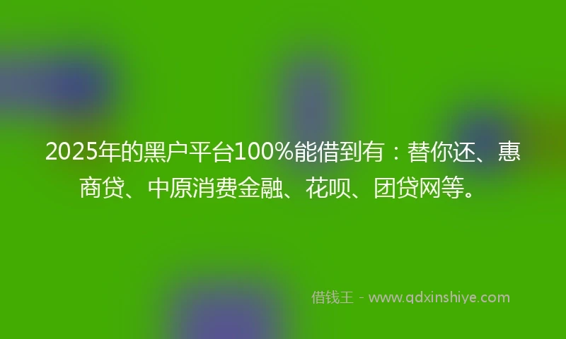 2025年的黑户平台100%能借到有：替你还、惠商贷、中原消费金融、花呗、团贷网等。