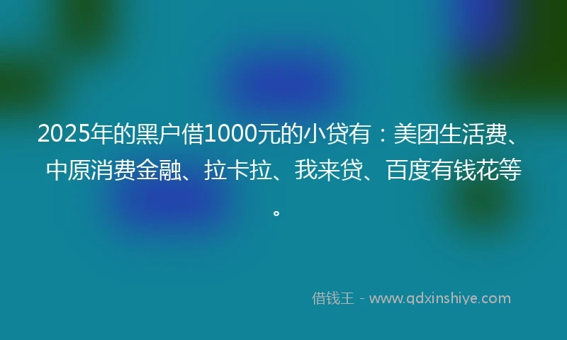 2025年的黑户借1000元的小贷有：美团生活费、中原消费金融、拉卡拉、我来贷、百度有钱花等。