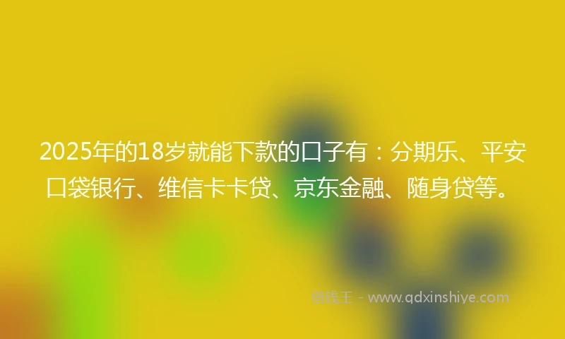 2025年的18岁就能下款的口子有：分期乐、平安口袋银行、维信卡卡贷、京东金融、随身贷等。