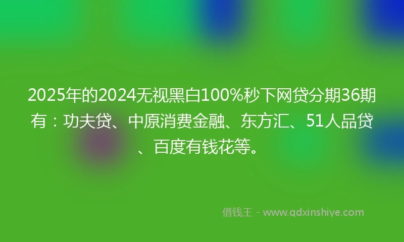 2025年的2024无视黑白100%秒下网贷分期36期有：功夫贷、中原消费金融、东方汇、51人品贷、百度有钱花等。