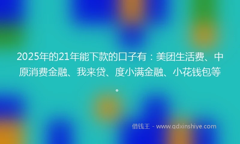 2025年的21年能下款的口子有：美团生活费、中原消费金融、我来贷、度小满金融、小花钱包等。