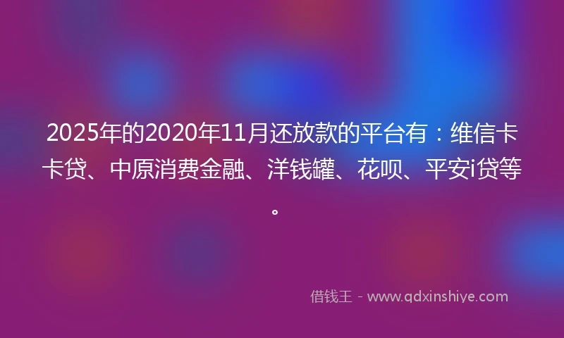 2025年的2020年11月还放款的平台有：维信卡卡贷、中原消费金融、洋钱罐、花呗、平安i贷等。