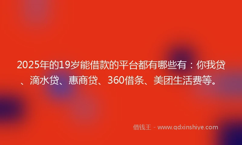 2025年的19岁能借款的平台都有哪些有：你我贷、滴水贷、惠商贷、360借条、美团生活费等。