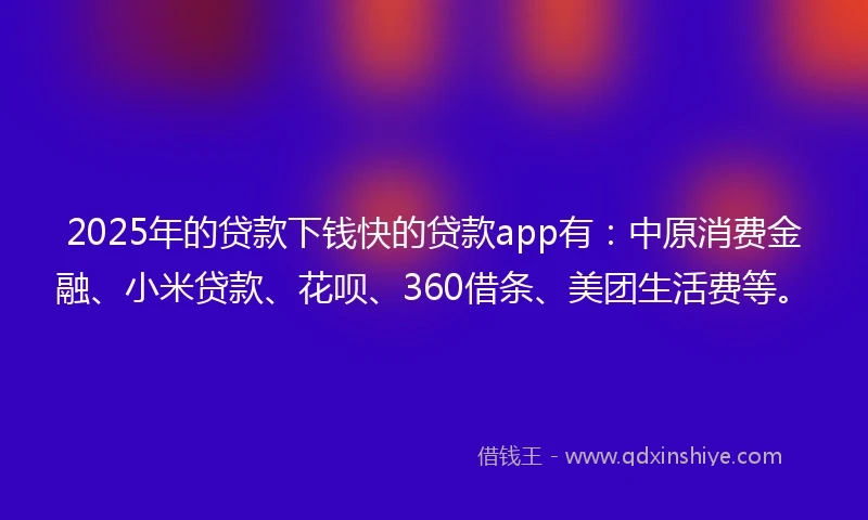 2025年的贷款下钱快的贷款app有：中原消费金融、小米贷款、花呗、360借条、美团生活费等。