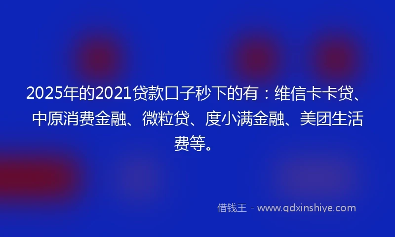 2025年的2021贷款口子秒下的有：维信卡卡贷、中原消费金融、微粒贷、度小满金融、美团生活费等。