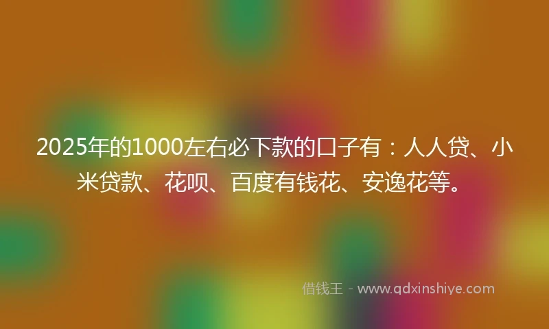 2025年的1000左右必下款的口子有：人人贷、小米贷款、花呗、百度有钱花、安逸花等。