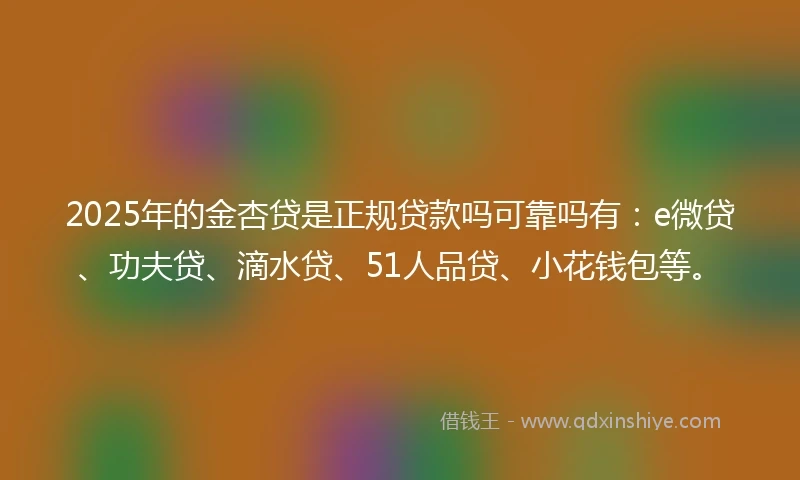 2025年的金杏贷是正规贷款吗可靠吗有：e微贷、功夫贷、滴水贷、51人品贷、小花钱包等。
