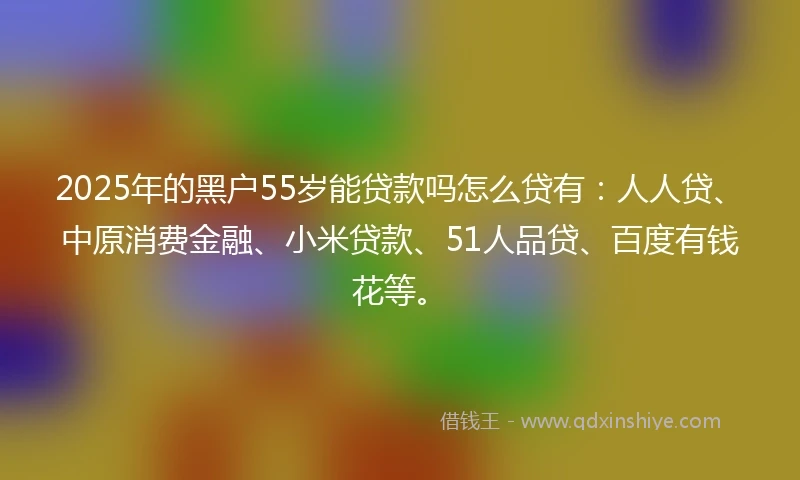 2025年的黑户55岁能贷款吗怎么贷有：人人贷、中原消费金融、小米贷款、51人品贷、百度有钱花等。