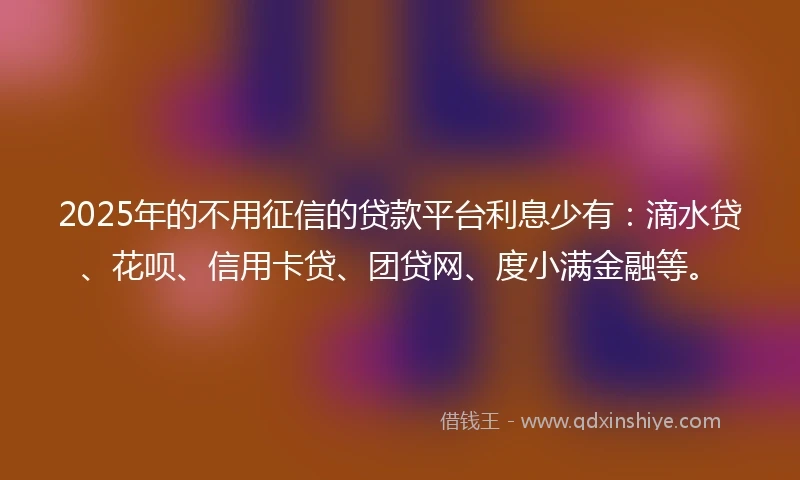 2025年的不用征信的贷款平台利息少有：滴水贷、花呗、信用卡贷、团贷网、度小满金融等。