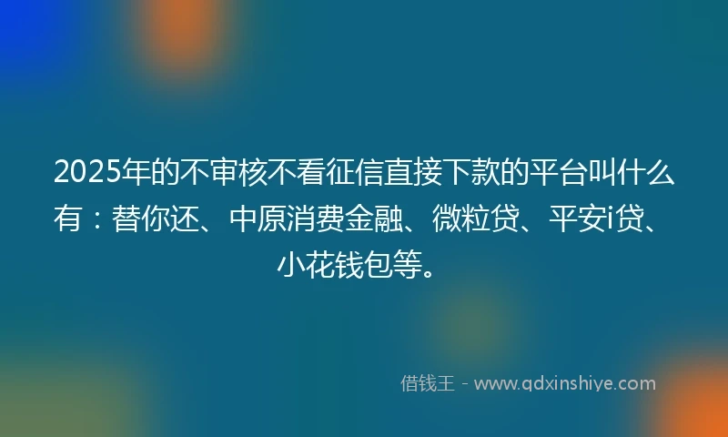 2025年的不审核不看征信直接下款的平台叫什么有：替你还、中原消费金融、微粒贷、平安i贷、小花钱包等。