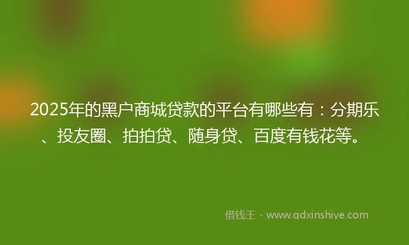 2025年的黑户商城贷款的平台有哪些有：分期乐、投友圈、拍拍贷、随身贷、百度有钱花等。