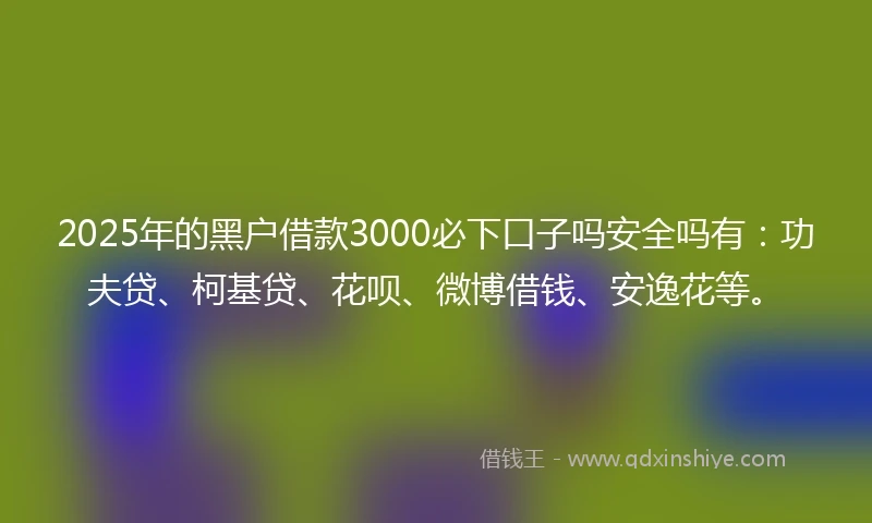 2025年的黑户借款3000必下口子吗安全吗有：功夫贷、柯基贷、花呗、微博借钱、安逸花等。