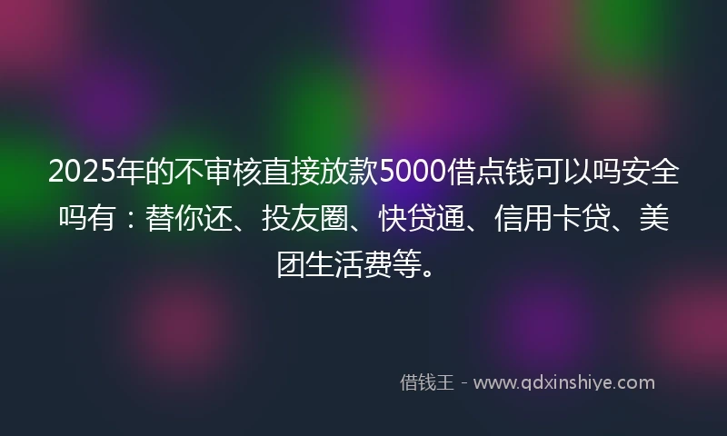 2025年的不审核直接放款5000借点钱可以吗安全吗有：替你还、投友圈、快贷通、信用卡贷、美团生活费等。