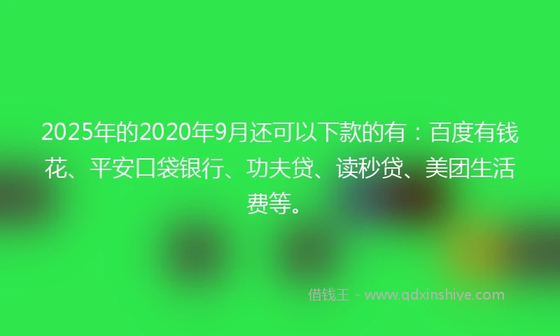 2025年的2020年9月还可以下款的有：百度有钱花、平安口袋银行、功夫贷、读秒贷、美团生活费等。