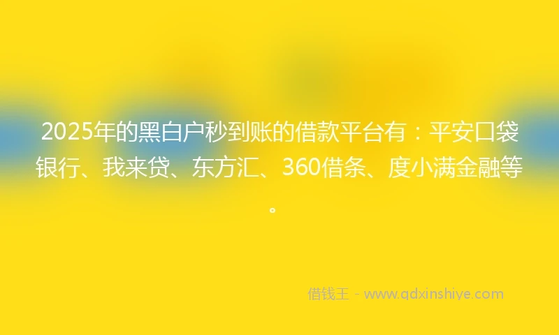 2025年的黑白户秒到账的借款平台有：平安口袋银行、我来贷、东方汇、360借条、度小满金融等。