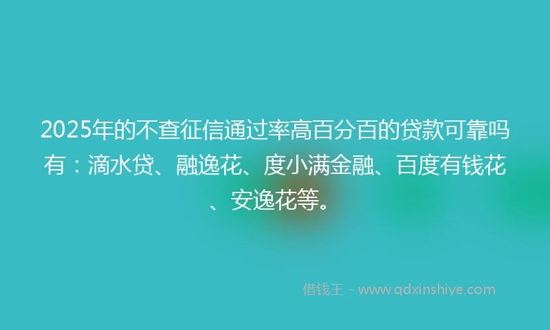 2025年的不查征信通过率高百分百的贷款可靠吗有：滴水贷、融逸花、度小满金融、百度有钱花、安逸花等。