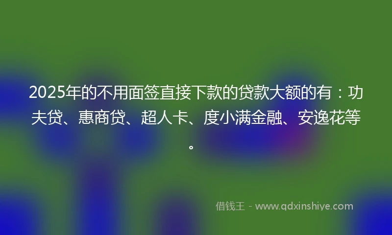 2025年的不用面签直接下款的贷款大额的有：功夫贷、惠商贷、超人卡、度小满金融、安逸花等。