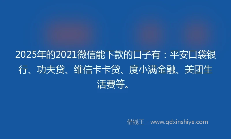 2025年的2021微信能下款的口子有：平安口袋银行、功夫贷、维信卡卡贷、度小满金融、美团生活费等。