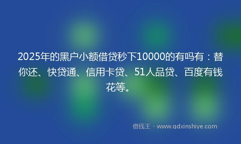 2025年的黑户小额借贷秒下10000的有吗有：替你还、快贷通、信用卡贷、51人品贷、百度有钱花等。