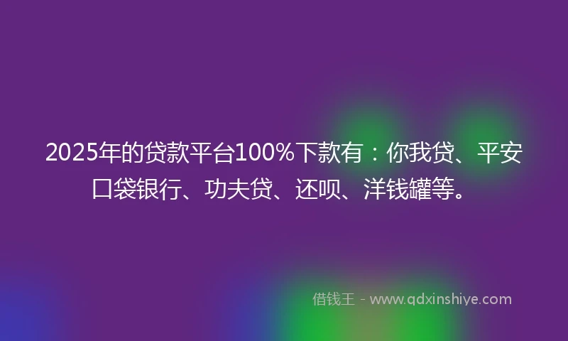 2025年的贷款平台100%下款有：你我贷、平安口袋银行、功夫贷、还呗、洋钱罐等。