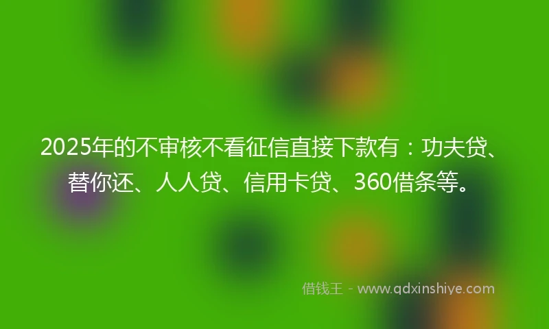2025年的不审核不看征信直接下款有：功夫贷、替你还、人人贷、信用卡贷、360借条等。
