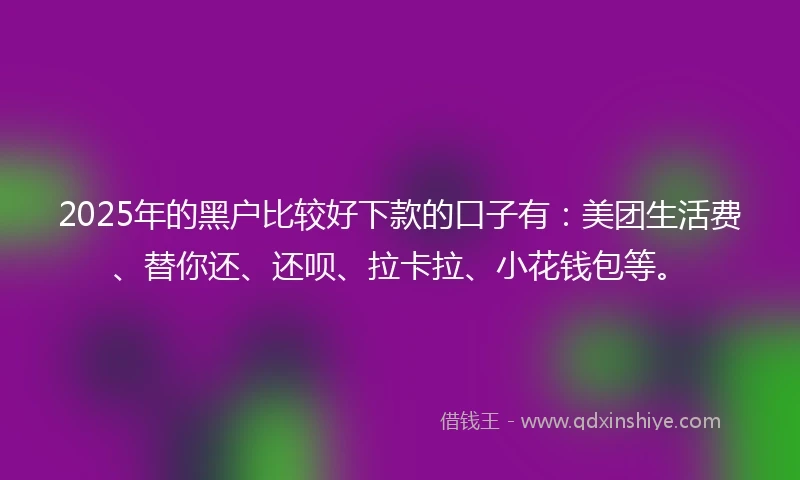 2025年的黑户比较好下款的口子有：美团生活费、替你还、还呗、拉卡拉、小花钱包等。
