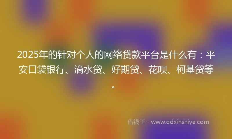 2025年的针对个人的网络贷款平台是什么有：平安口袋银行、滴水贷、好期贷、花呗、柯基贷等。