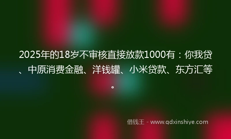 2025年的18岁不审核直接放款1000有：你我贷、中原消费金融、洋钱罐、小米贷款、东方汇等。