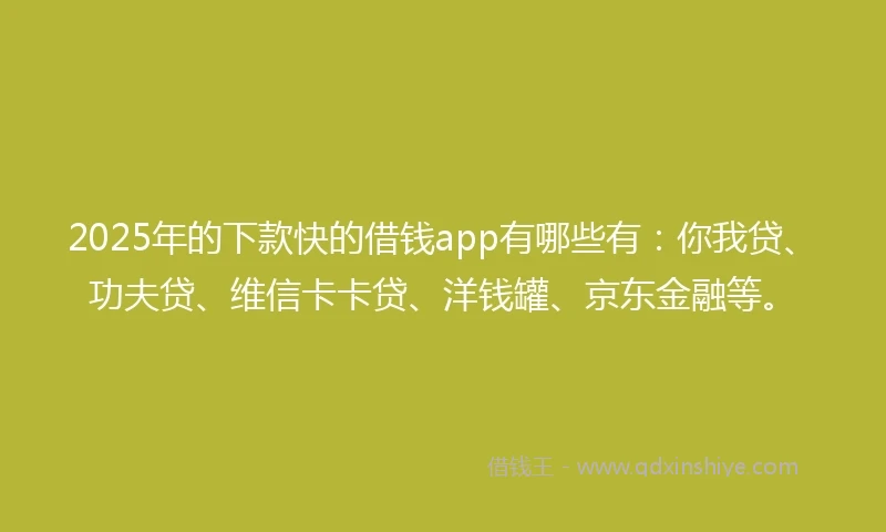 2025年的下款快的借钱app有哪些有：你我贷、功夫贷、维信卡卡贷、洋钱罐、京东金融等。