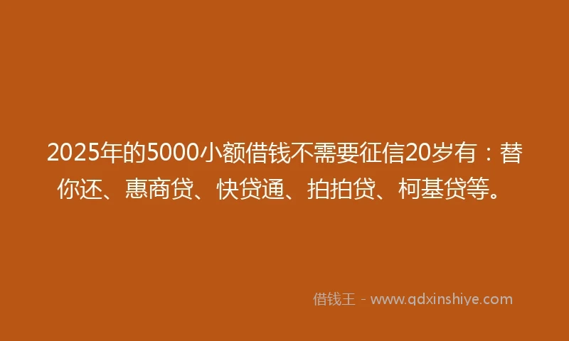 2025年的5000小额借钱不需要征信20岁有：替你还、惠商贷、快贷通、拍拍贷、柯基贷等。