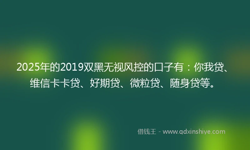 2025年的2019双黑无视风控的口子有：你我贷、维信卡卡贷、好期贷、微粒贷、随身贷等。