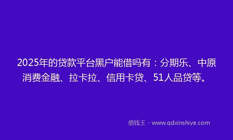 2025年的贷款平台黑户能借吗有：分期乐、中原消费金融、拉卡拉、信用卡贷、51人品贷等。
