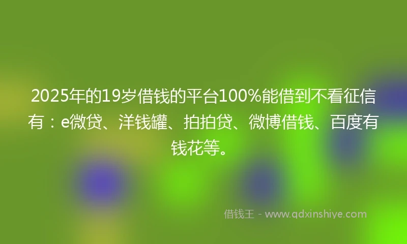 2025年的19岁借钱的平台100%能借到不看征信有：e微贷、洋钱罐、拍拍贷、微博借钱、百度有钱花等。