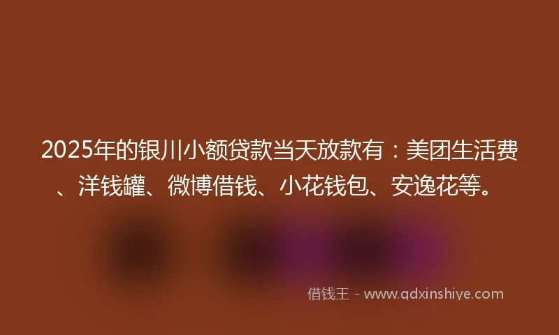 2025年的银川小额贷款当天放款有：美团生活费、洋钱罐、微博借钱、小花钱包、安逸花等。