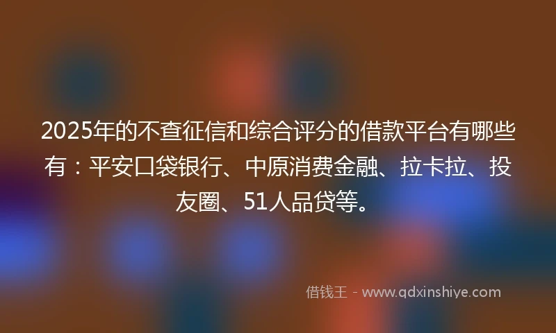 2025年的不查征信和综合评分的借款平台有哪些有：平安口袋银行、中原消费金融、拉卡拉、投友圈、51人品贷等。
