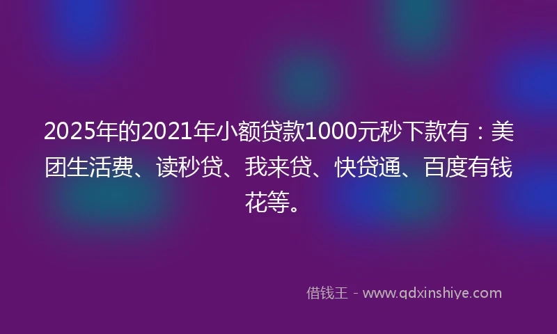 2025年的2021年小额贷款1000元秒下款有：美团生活费、读秒贷、我来贷、快贷通、百度有钱花等。