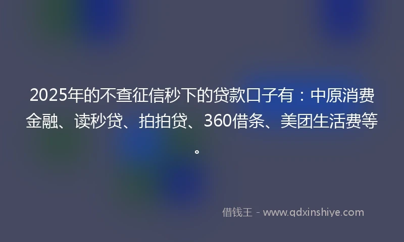 2025年的不查征信秒下的贷款口子有：中原消费金融、读秒贷、拍拍贷、360借条、美团生活费等。