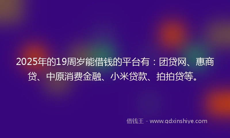2025年的19周岁能借钱的平台有：团贷网、惠商贷、中原消费金融、小米贷款、拍拍贷等。