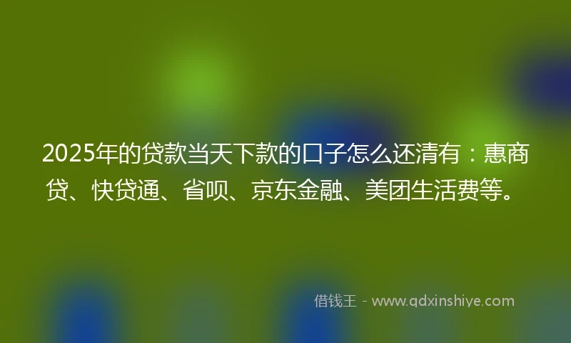 2025年的贷款当天下款的口子怎么还清有：惠商贷、快贷通、省呗、京东金融、美团生活费等。