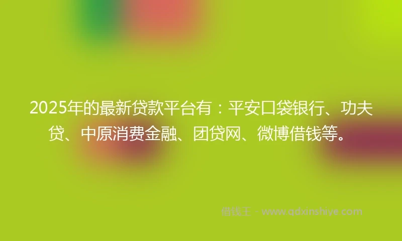 2025年的最新贷款平台有：平安口袋银行、功夫贷、中原消费金融、团贷网、微博借钱等。