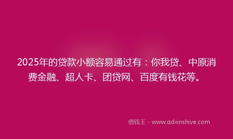 2025年的贷款小额容易通过有：你我贷、中原消费金融、超人卡、团贷网、百度有钱花等。