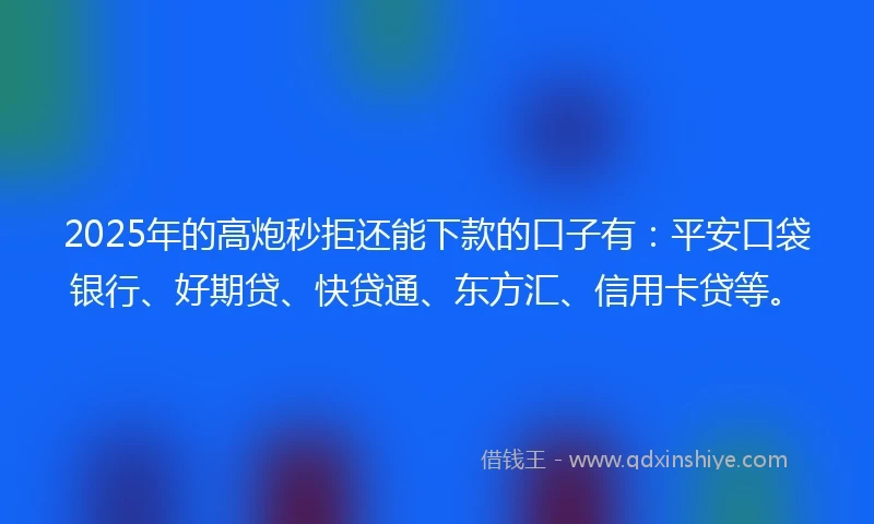 2025年的高炮秒拒还能下款的口子有：平安口袋银行、好期贷、快贷通、东方汇、信用卡贷等。
