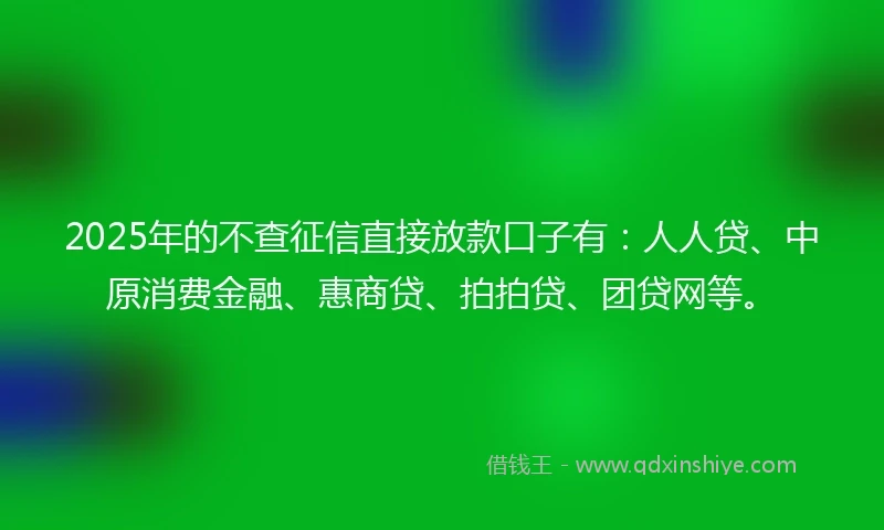 2025年的不查征信直接放款口子有：人人贷、中原消费金融、惠商贷、拍拍贷、团贷网等。