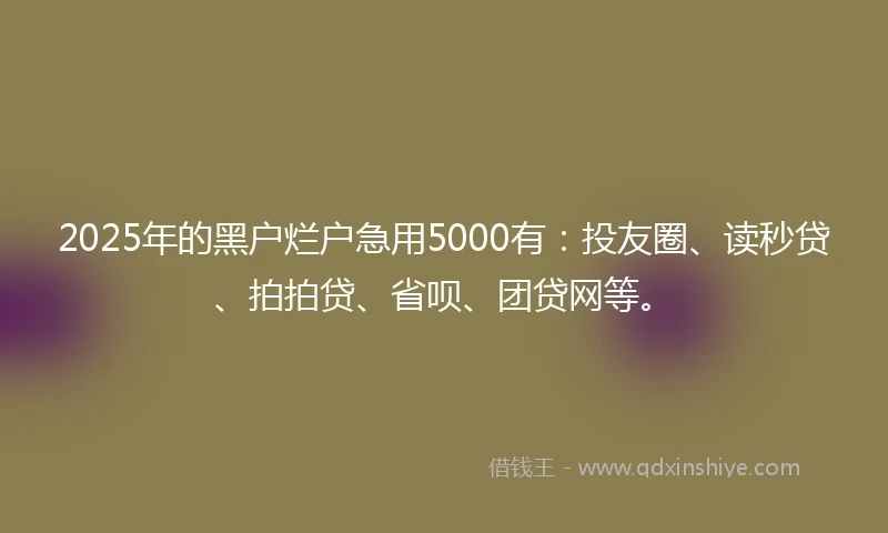 2025年的黑户烂户急用5000有：投友圈、读秒贷、拍拍贷、省呗、团贷网等。